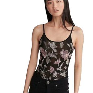 Express floral embroidered semi sheer thong bodysuit